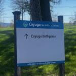 Sign for Cayuga Medical Center with an arrow pointing up labeled 'Cayuga Birthplace' on a grassy lawn