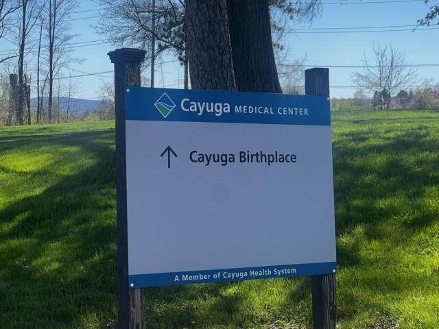 Sign for Cayuga Medical Center with an arrow pointing up labeled 'Cayuga Birthplace' on a grassy lawn