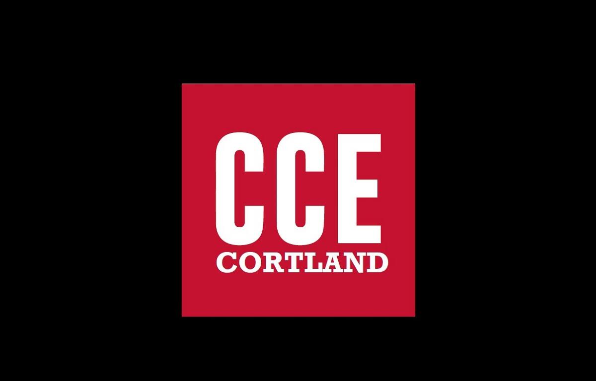 CCE Cortland logo: white text on a red square background, with 'CCE' large and 'CORTLAND' beneath