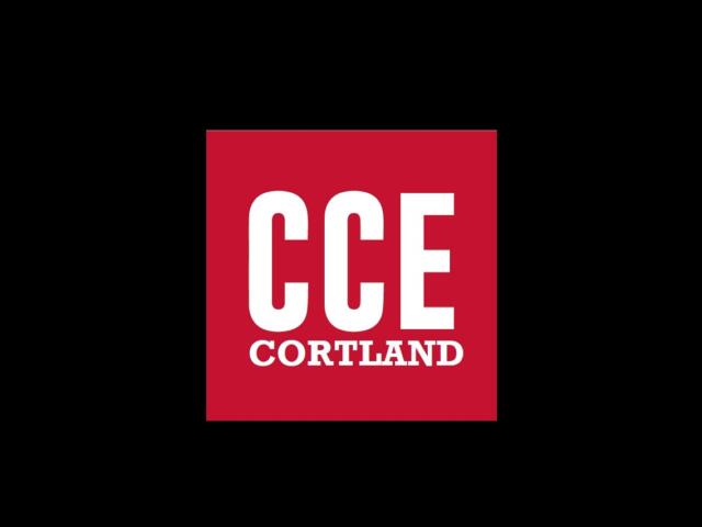 CCE Cortland logo: white text on a red square background, with 'CCE' large and 'CORTLAND' beneath