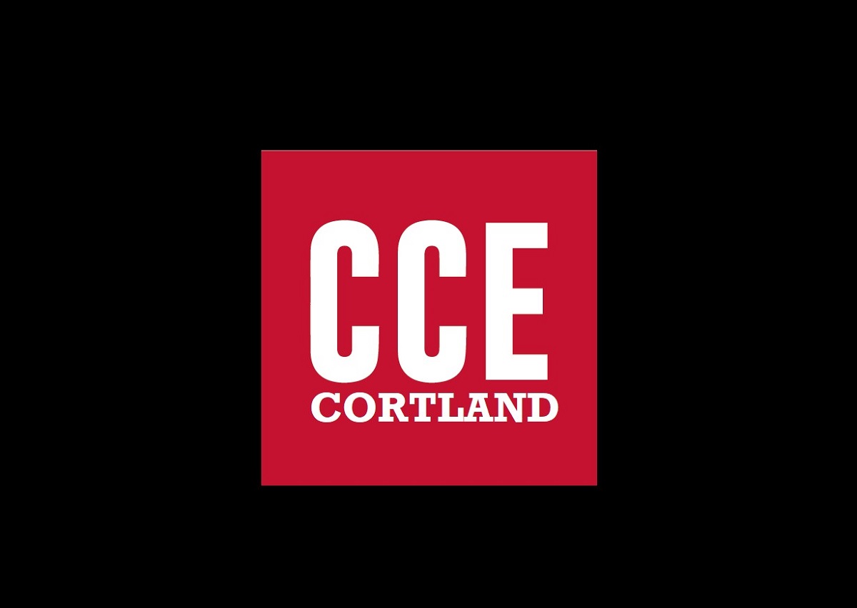 CCE Cortland logo: white text on a red square background, with 'CCE' large and 'CORTLAND' beneath