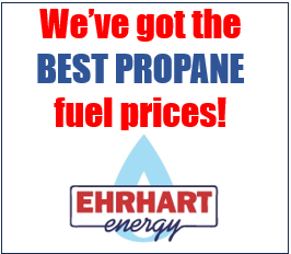 Advertisement banner announcing propane price promo: 'We've got the BEST PROPANE fuel prices!' with the Ehrhart Energy logo at the bottom.