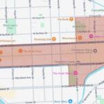 Map with a brown overlay outlining a rectangular district along West Seneca Street in Ithaca, highlighting the area around Downtown Ithaca.