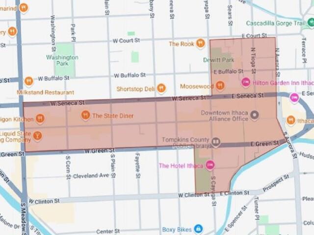 Map with a brown overlay outlining a rectangular district along West Seneca Street in Ithaca, highlighting the area around Downtown Ithaca.