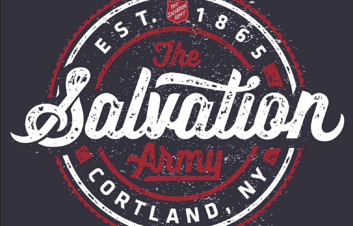 Circular distressed logo: The Salvation Army Portland, NY, Est. 1865 in white and red on a dark background