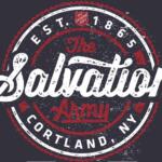 Circular distressed logo: The Salvation Army Portland, NY, Est. 1865 in white and red on a dark background