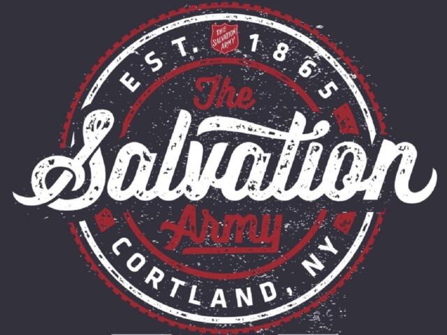 Circular distressed logo: The Salvation Army Portland, NY, Est. 1865 in white and red on a dark background
