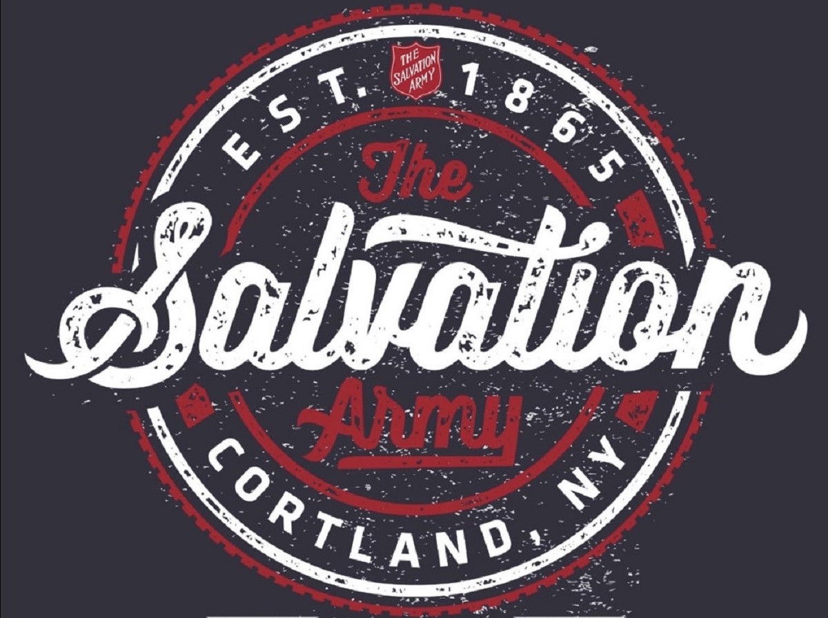 Circular distressed logo: The Salvation Army Portland, NY, Est. 1865 in white and red on a dark background