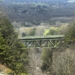Green metal bridge spans a rocky gorge, with dense trees on both sides and a distant valley beyond.