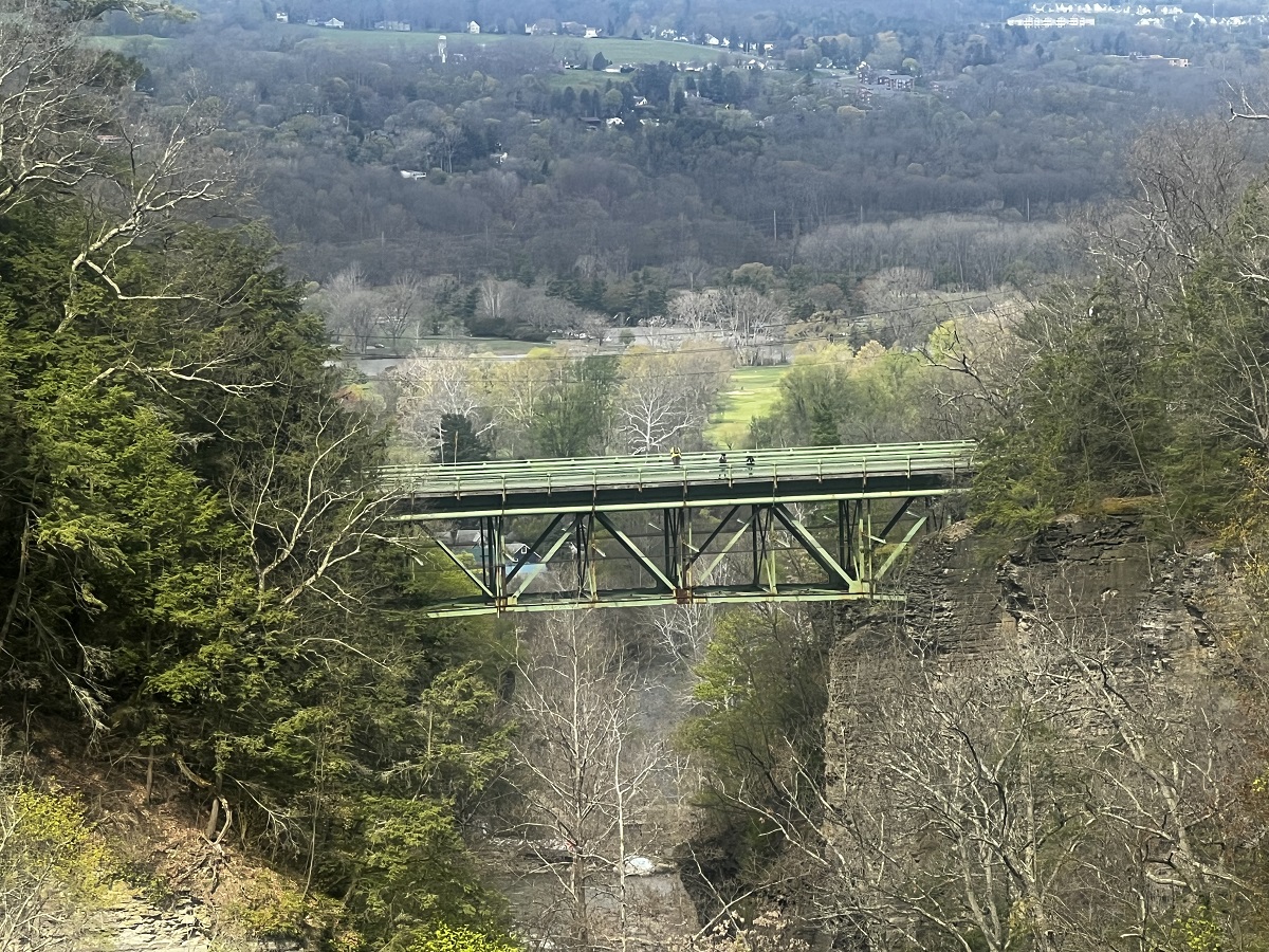 Green metal bridge spans a rocky gorge, with dense trees on both sides and a distant valley beyond.