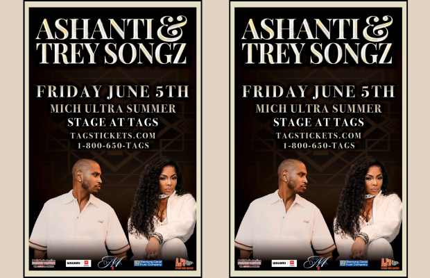 Two identical concert posters for Ashanti & Trey Songz, Friday June 5 at Mich Ultra Summer Stage; artists pictured at the bottom with sponsor logos.