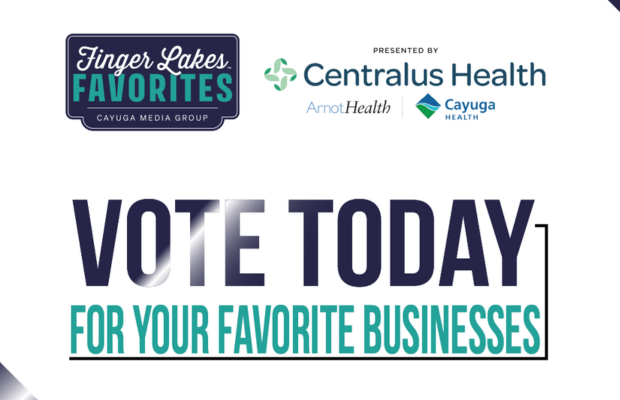 Banner featuring Finger Lakes Favorites and Central Health logos above bold 'Vote Today for Your Favorite Businesses' text.