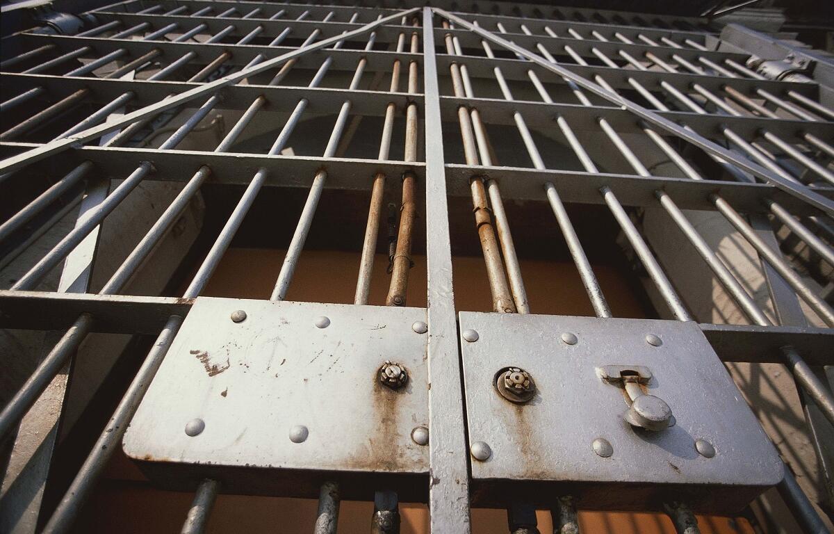 Close-up of a metal jail gate with vertical bars and a riveted control panel, showing rust and a latch area behind the bars.