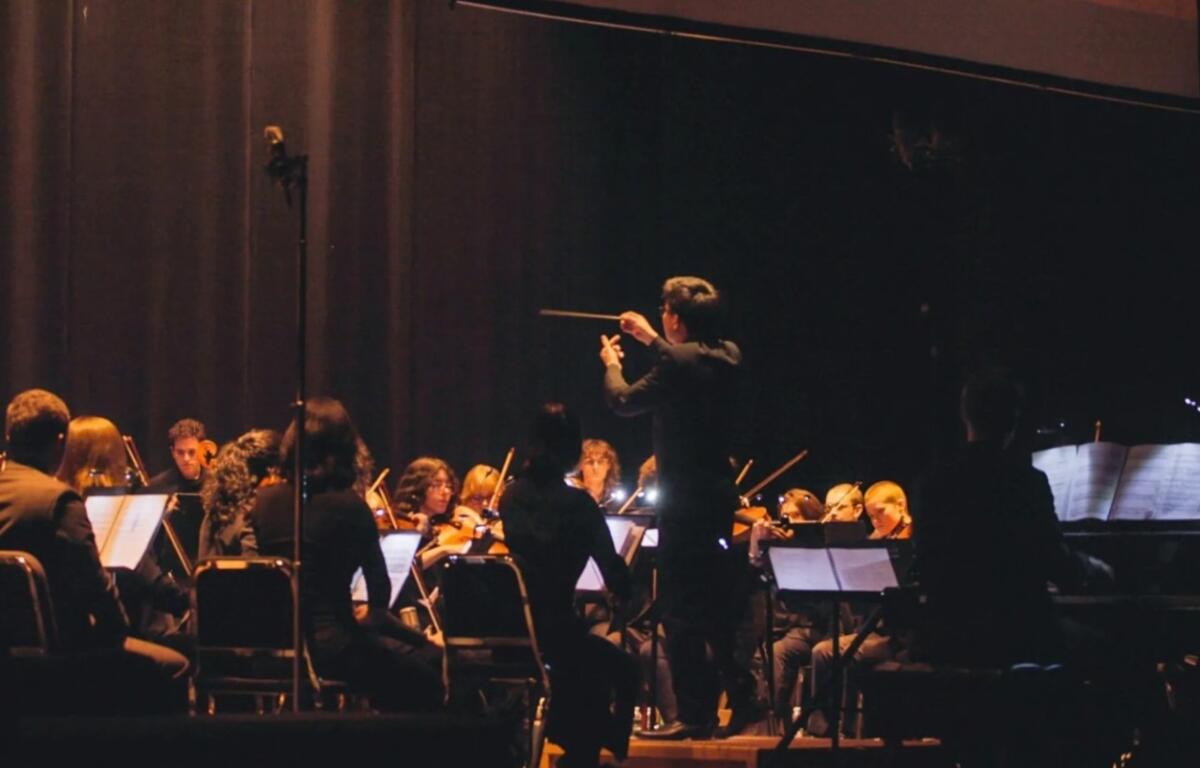 Conductor leading a full orchestra on stage during a performance and musicians playing violins nearby.
