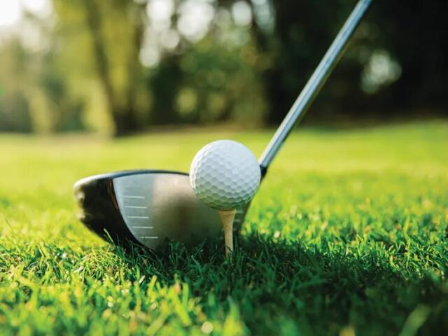 Close-up of a golf ball teed up on a small wooden tee beside a driver on a grassy golf course, sunny day.