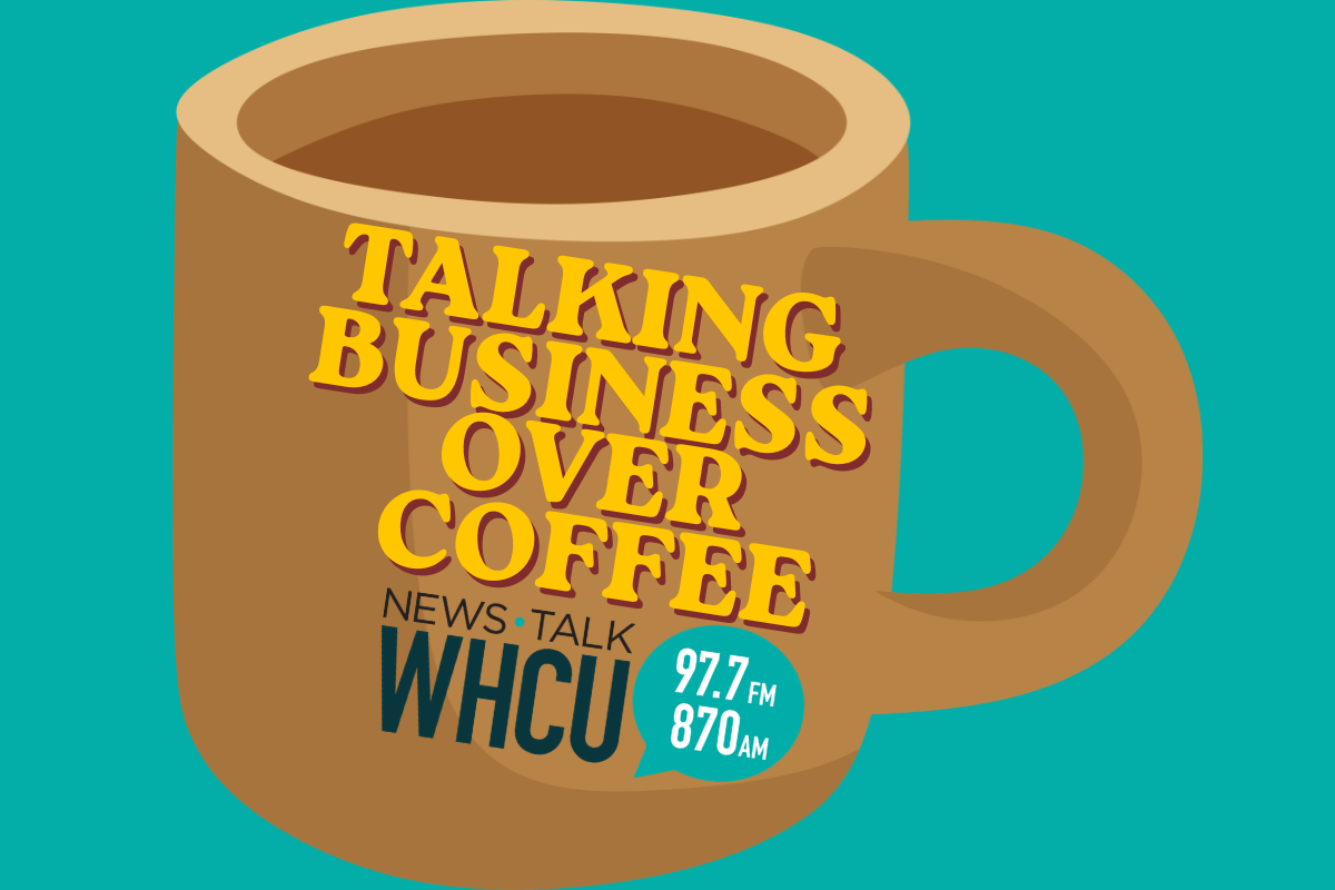 Brown coffee mug on teal background with bold yellow text 'Talking Business Over Coffee' and WHCU 97.7 FM / 870 AM badge, suggesting a talk show graphic.