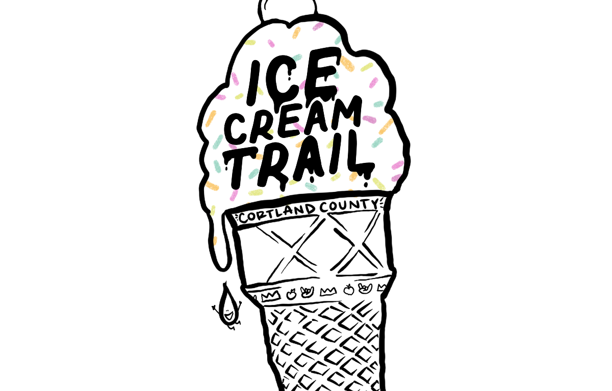 Illustrated ice cream cone with sprinkles and the words 'Ice Cream Trail' across the scoop, Cortland County below.