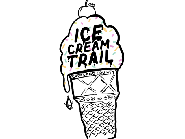 Illustrated ice cream cone with sprinkles and the words 'Ice Cream Trail' across the scoop, Cortland County below.