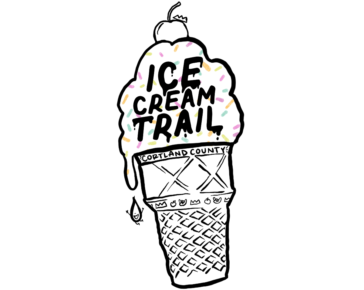 Illustrated ice cream cone with sprinkles and the words 'Ice Cream Trail' across the scoop, Cortland County below.
