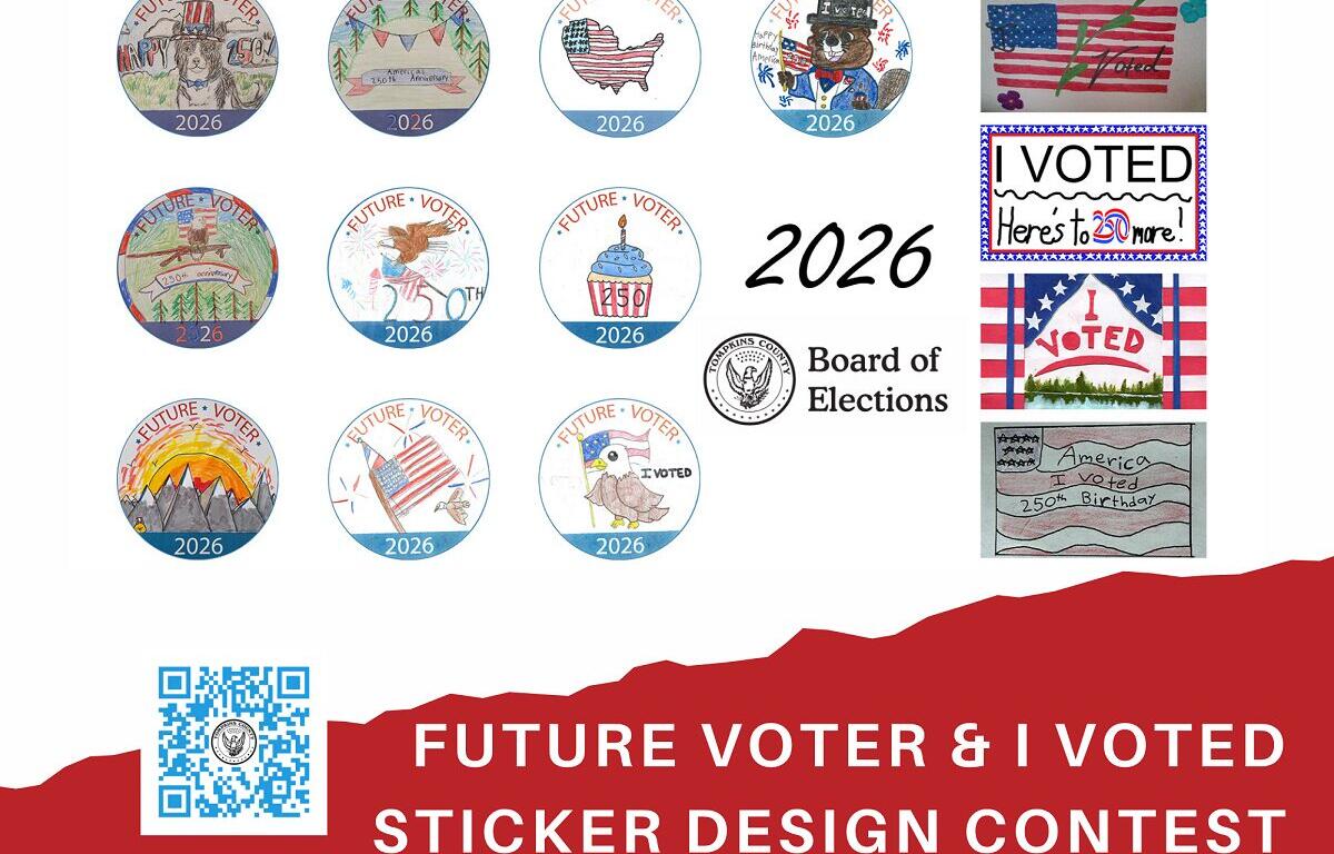 Collage of 15 circular 'Future Voter 2026' stickers with election-themed drawings, plus right-side banners reading 'I VOTED' and a 'Board of Elections' logo; red contest banner at the bottom with a QR code.