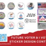 Collage of 15 circular 'Future Voter 2026' stickers with election-themed drawings, plus right-side banners reading 'I VOTED' and a 'Board of Elections' logo; red contest banner at the bottom with a QR code.