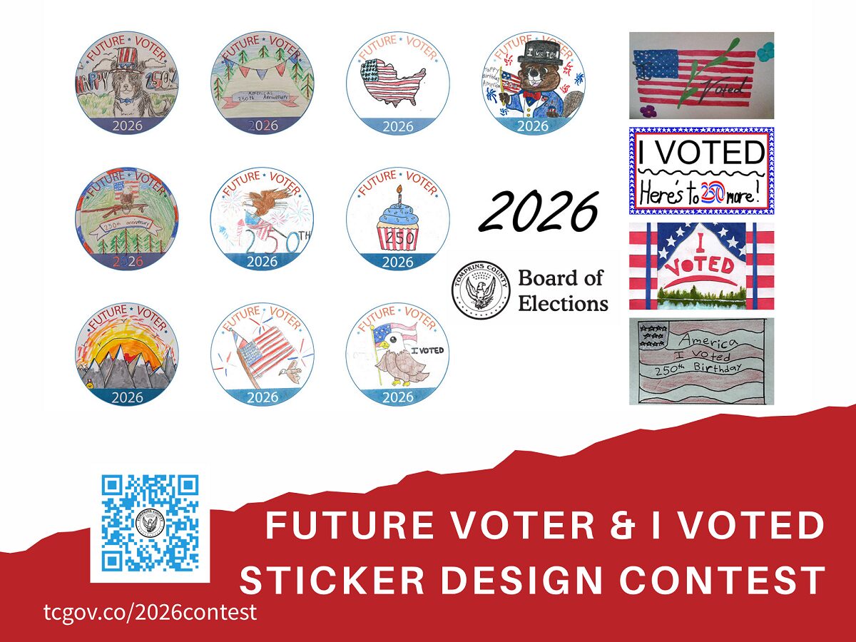 Collage of 15 circular 'Future Voter 2026' stickers with election-themed drawings, plus right-side banners reading 'I VOTED' and a 'Board of Elections' logo; red contest banner at the bottom with a QR code.