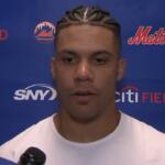 Baseball player being interviewed at Citi Field with Mets and SNY logos in the backdrop.