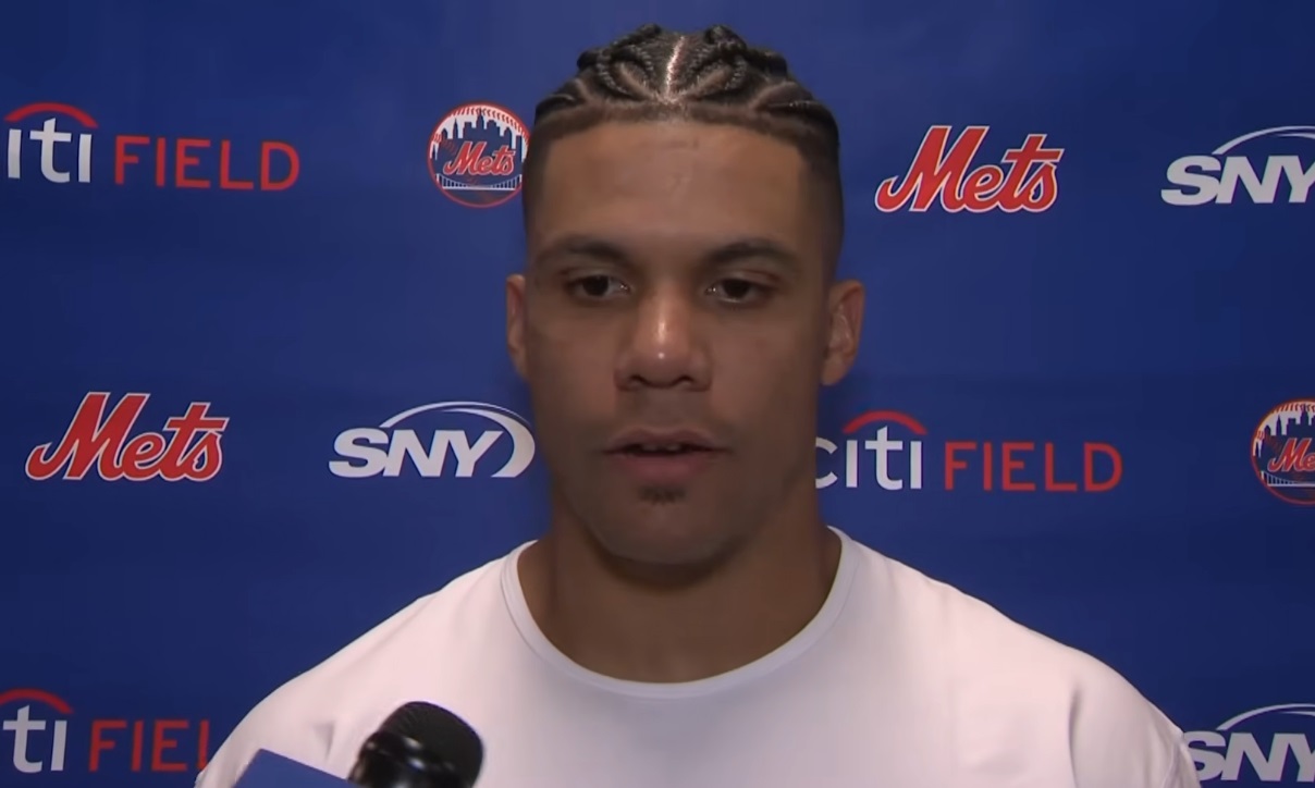 Baseball player being interviewed at Citi Field with Mets and SNY logos in the backdrop.