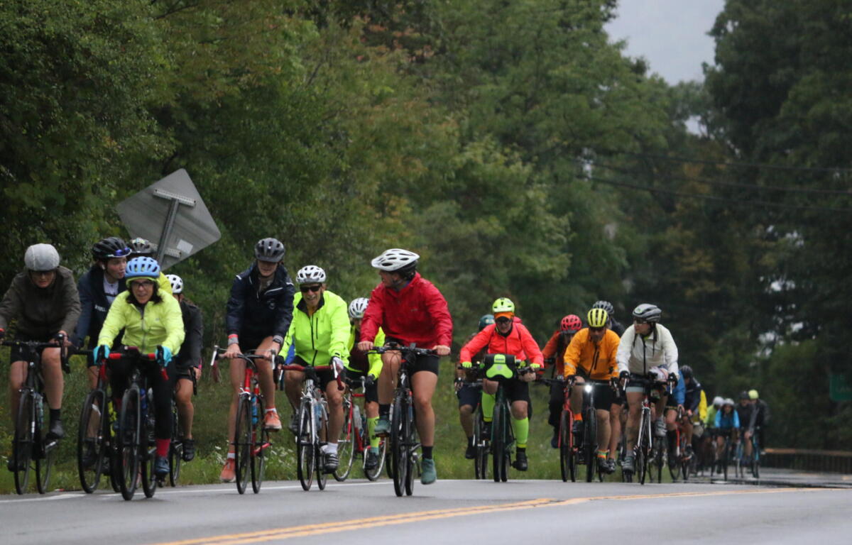 Group of cyclists wearing colorful jackets and helmets riding on a two-lane road with trees on both sides.