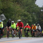 Group of cyclists wearing colorful jackets and helmets riding on a two-lane road with trees on both sides.