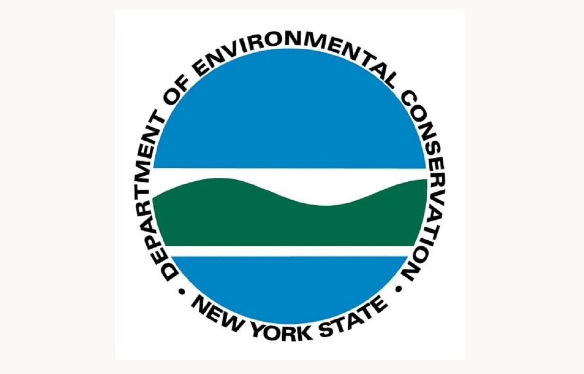 Circular logo for the New York State Department of Environmental Conservation (DEC). It shows blue sky and water with green hills, surrounded by the department name in a ring.