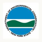 Circular logo for the New York State Department of Environmental Conservation (DEC). It shows blue sky and water with green hills, surrounded by the department name in a ring.