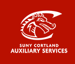 SUNY Cortland Auxiliary Services logo featuring a stylized white horse head on a red background.
