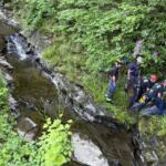 Emergency responders carry a patient on a stretcher up a rocky, overgrown riverbank.