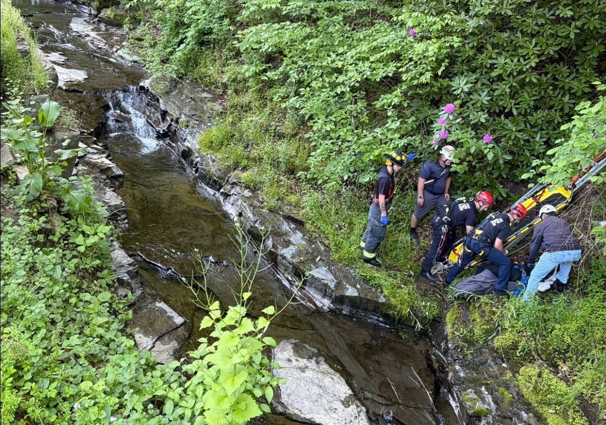 Emergency responders carry a patient on a stretcher up a rocky, overgrown riverbank.