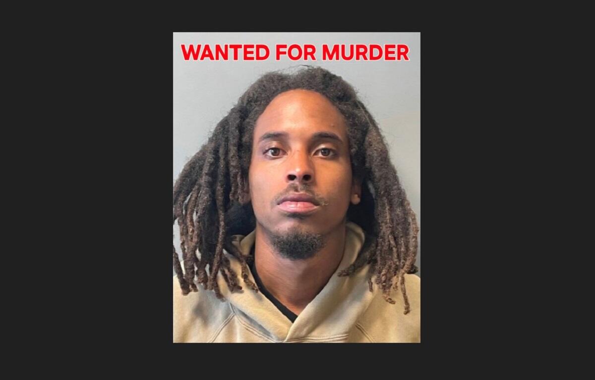Wanted poster with 'WANTED FOR MURDER' in red text; photo of a man with dreadlocks and a beige hoodie in a mugshot style