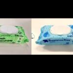 Two wet wipe packs side by side: green cucumber-scented on the left and blue fragrance-free on the right.