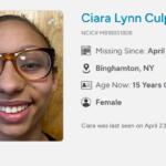 Profile for missing teen Ciara Lynn Culpepper, 15, last seen April 23, 2026 in Binghamton, NY; smiling photo with glasses.