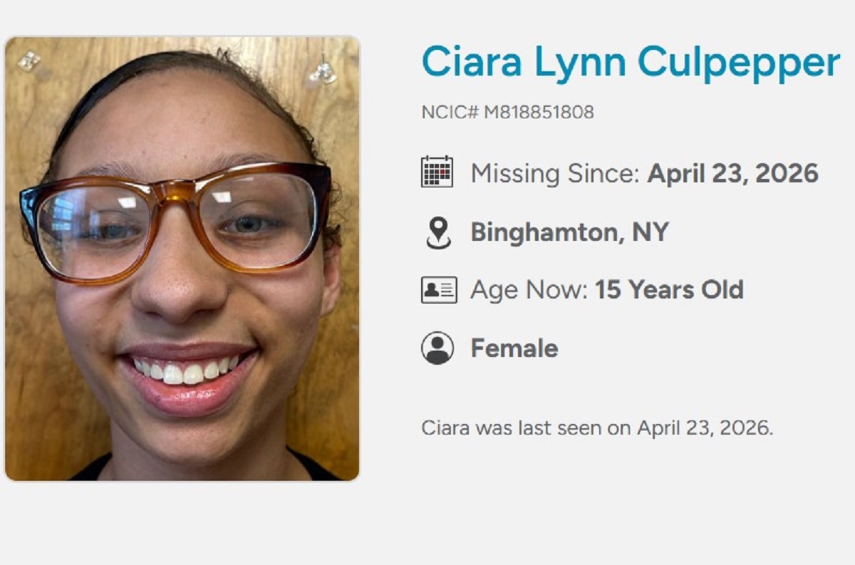 Profile for missing teen Ciara Lynn Culpepper, 15, last seen April 23, 2026 in Binghamton, NY; smiling photo with glasses.