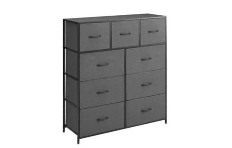 Gray metal multi-drawer storage cabinet on a black frame with several small and large drawers.