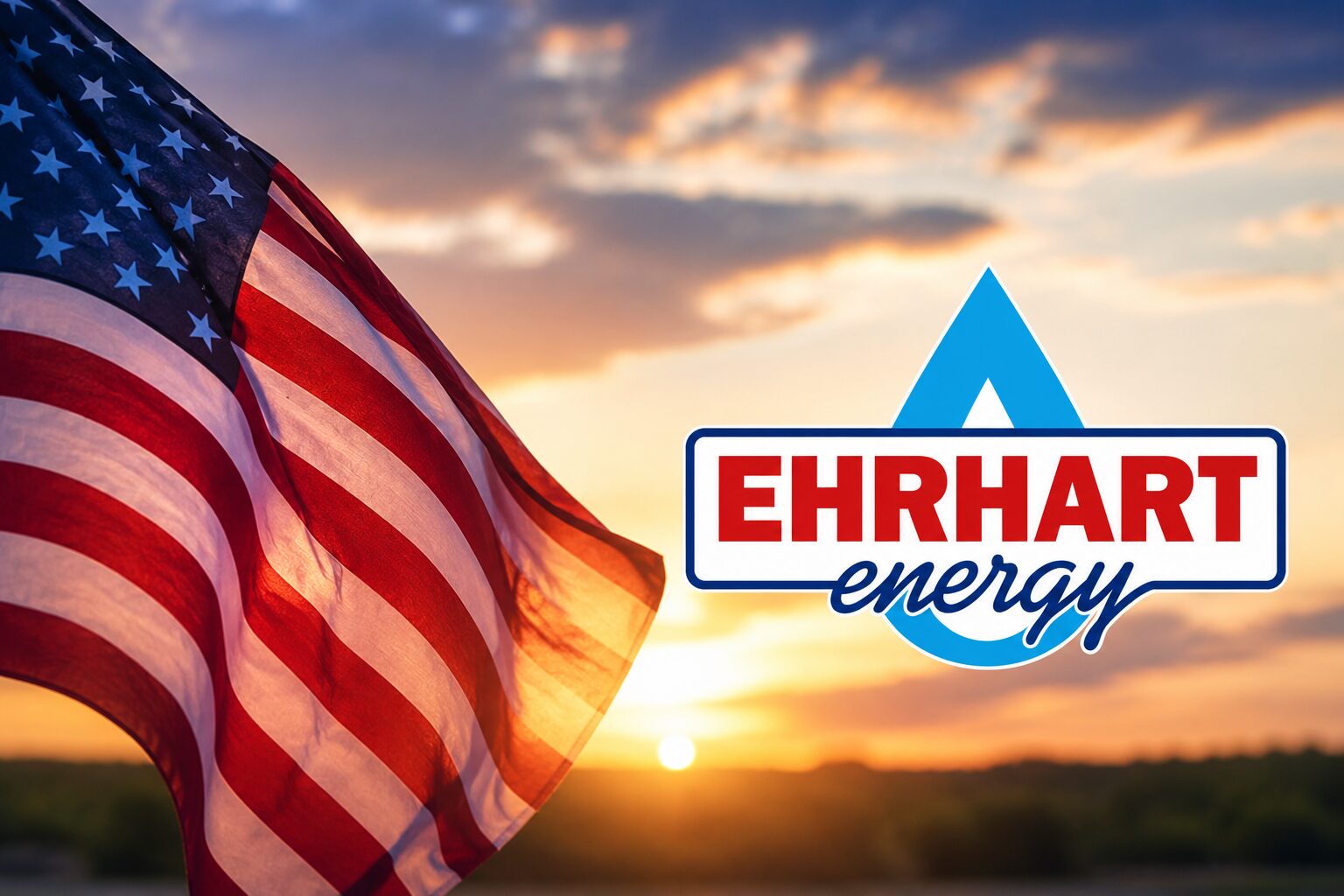 American flag waving at sunset beside the EHRHART Energy logo