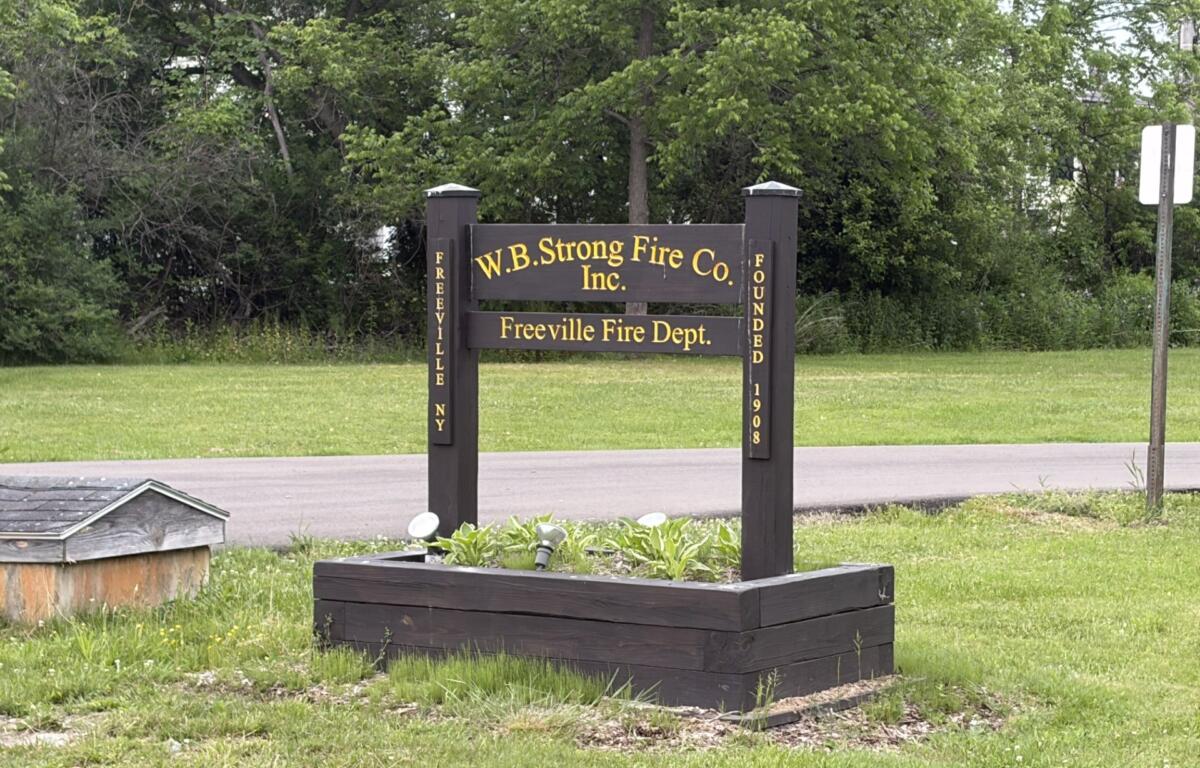 Wooden sign for W.B. Strong Fire Co. Inc. and Freeville Fire Dept. with gold lettering, set in a grassy area with trees behind.