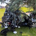 Car wreck crashed into a tree, metal twisted, open doors, debris on grass; emergency vehicles in background.