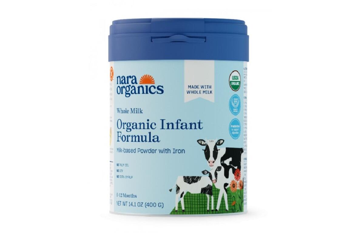 Container of Nara Organics Organic Infant Formula, milk-based powder with iron, for 0–12 months (14.1 oz).