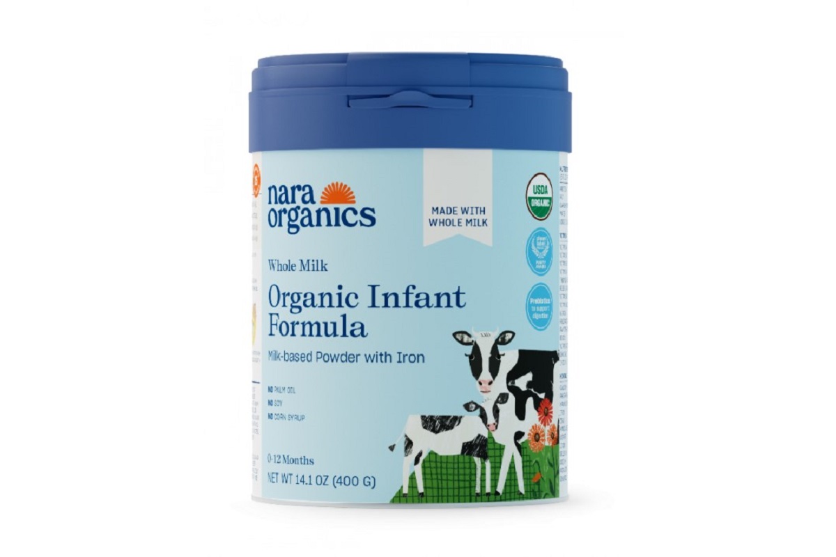 Container of Nara Organics Organic Infant Formula, milk-based powder with iron, for 0–12 months (14.1 oz).