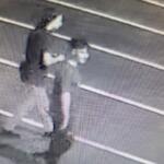 Grainy security image of an adult in dark clothing standing over a smaller person on a street at night.