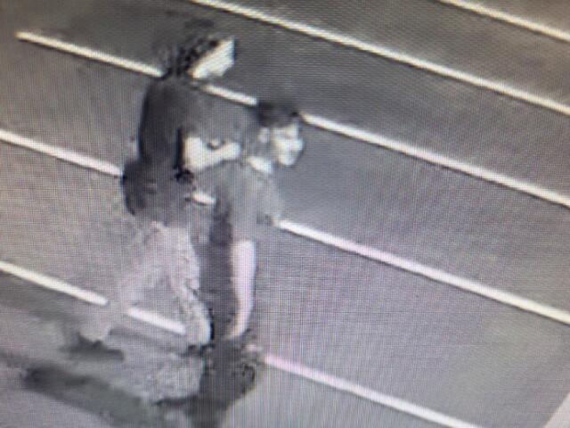 Grainy security image of an adult in dark clothing standing over a smaller person on a street at night.