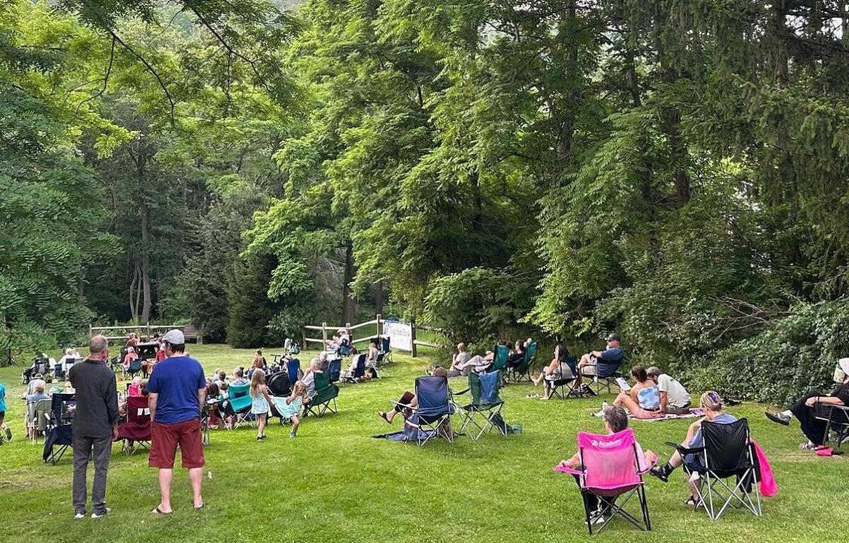 Group of people seated in foldable lawn chairs in a grassy park, watching a small outdoor performance among trees and a wooden fence.