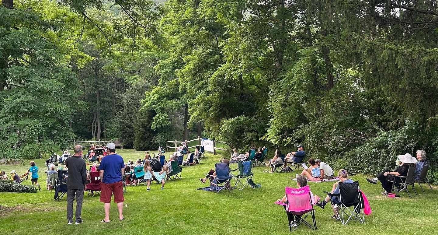 Group of people seated in foldable lawn chairs in a grassy park, watching a small outdoor performance among trees and a wooden fence.