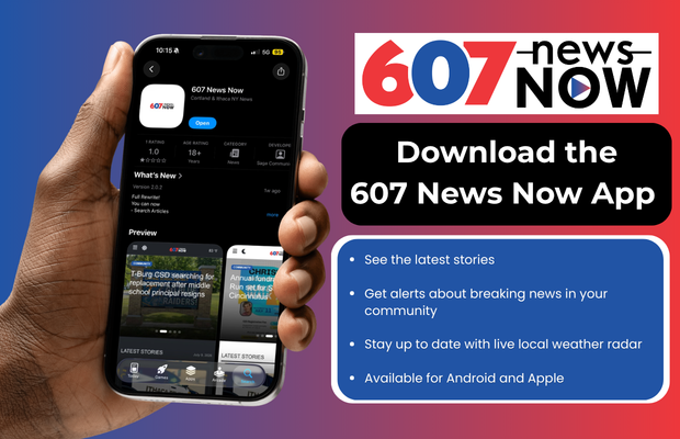 Hand holding a smartphone displaying the 607 News Now app in dark mode, with a promotional graphic: 'Download the 607 News Now App' and a blue bullet list of features about latest stories, alerts, weather radar, and Android/iPhone availability.